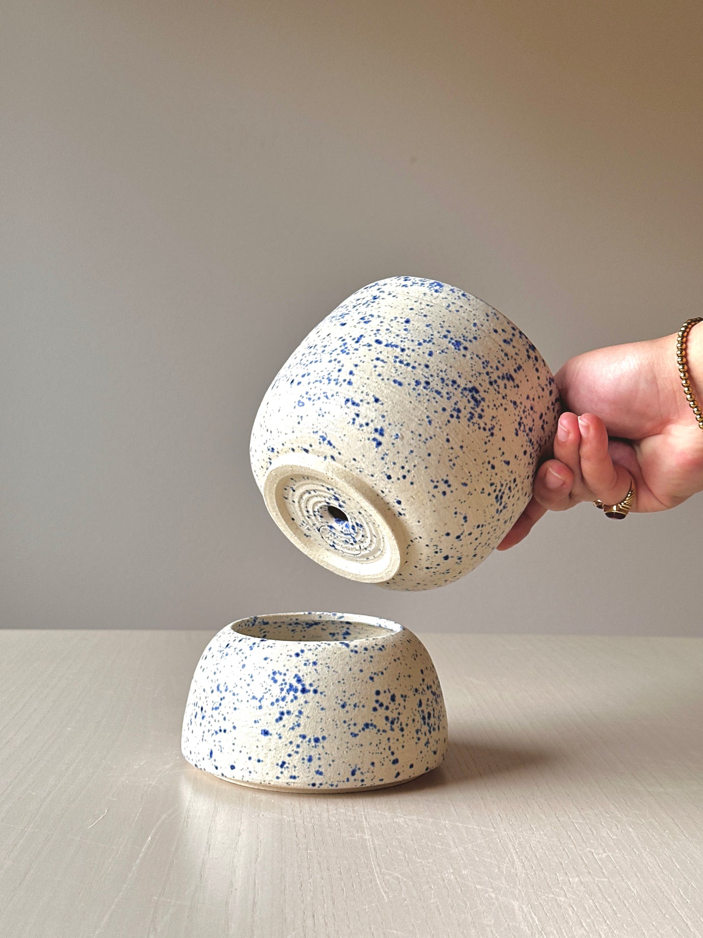 blue splatterware tiered plant pot