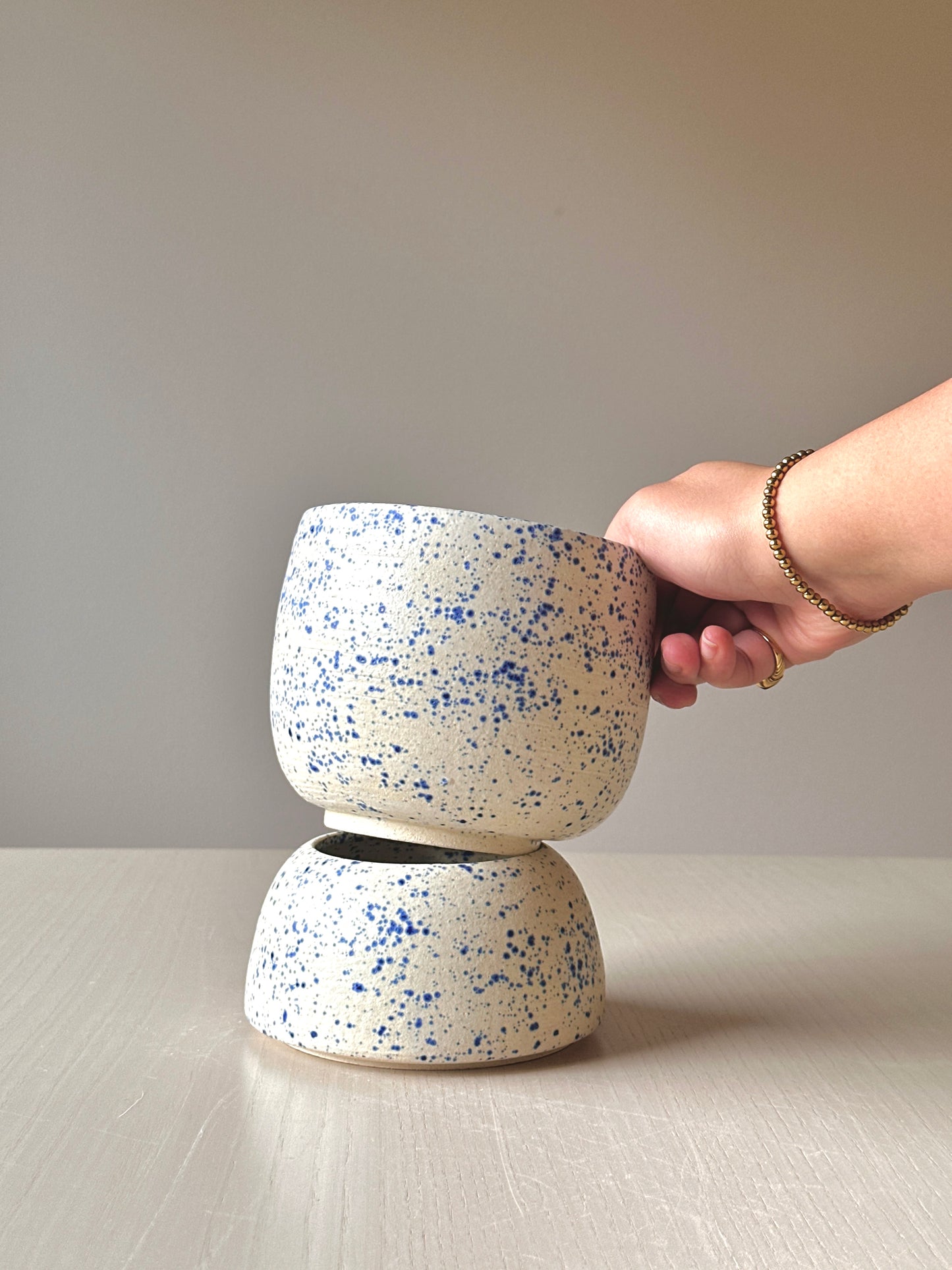 blue splatterware tiered plant pot